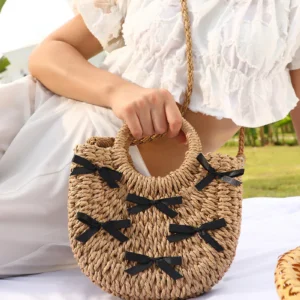 The Bow-Straw Hand Bag - Tan Brown