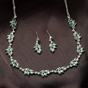 Exquisite Rhodium Plated Green American Diamond Floral Vine Necklace Set –– Signature Featherlight Jewelry for Cocktail Nights & Festive Functions