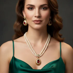 Estele 24CT Gold plated with Ruby stones Double line Pearl Necklace Set for Women