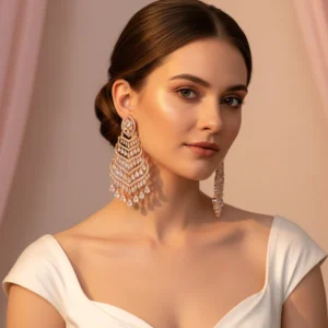 Estele Rose Gold Plated CZ Fascinating Chandbali Earrings with White American Diamonds for Women