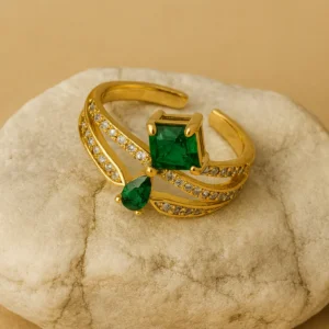 Gold Emerald Crystal Double Band Adjustable Ring LR10131